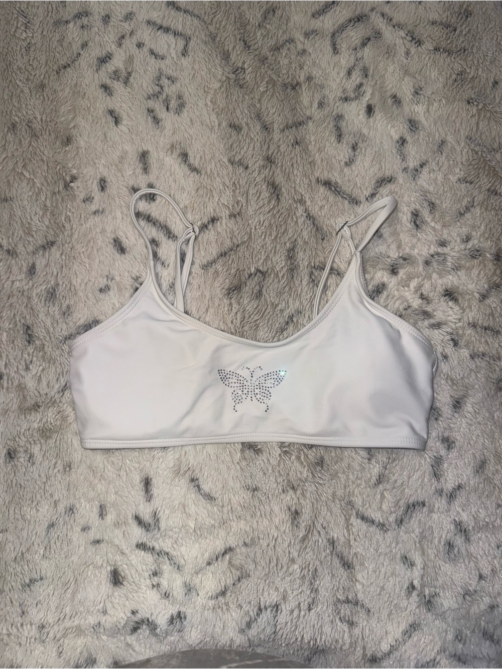 White bathing suit top with rhinestone butterfly y2k design